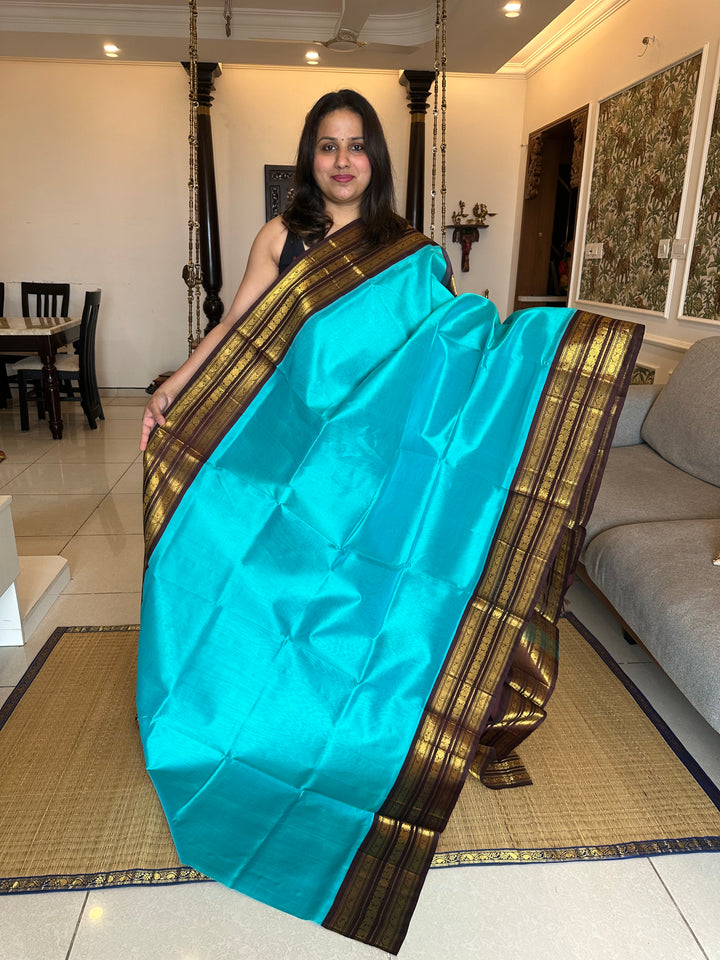 Blue with Brown Rich Kanchi Triple Border and Grand Pallu Korvai SIlk Cotton Saree