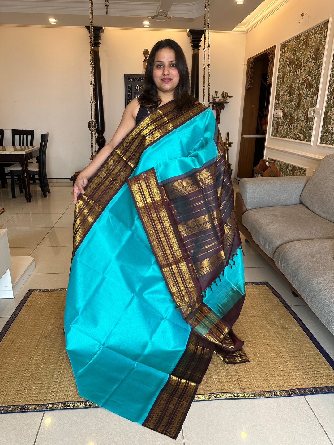 Blue with Brown Rich Kanchi Triple Border and Grand Pallu Korvai SIlk Cotton Saree