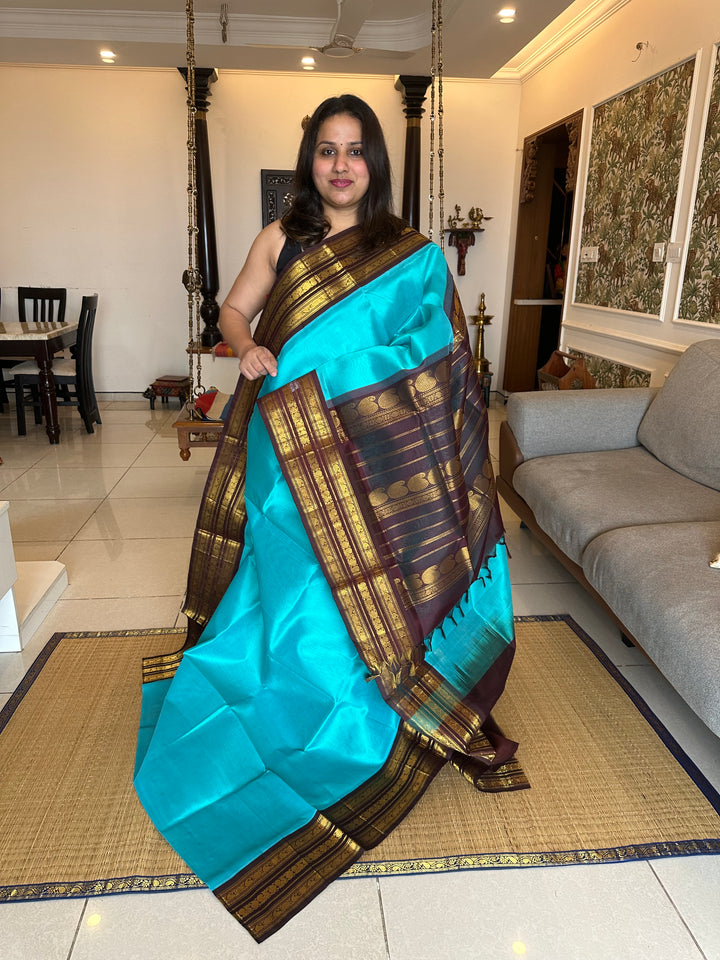 Blue with Brown Rich Kanchi Triple Border and Grand Pallu Korvai SIlk Cotton Saree