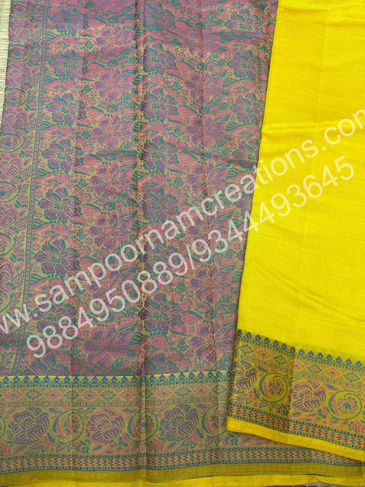 Yellow with Floral Meenakshi Thread work in border and elaborate Meenakshi Floral designar Pallu and Blouse , Semi Tussar Saree