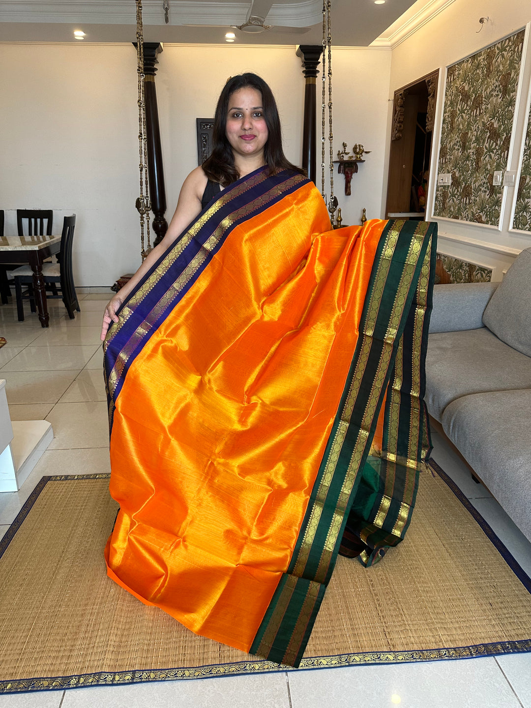 Mambazha Manjal Rettapet Ganga Jamuna Border Green and Blue, Rich Pallu Korvai Silk Cotton Saree