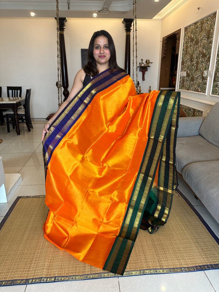 Mambazha Manjal Rettapet Ganga Jamuna Border Green and Blue, Rich Pallu Korvai Silk Cotton Saree