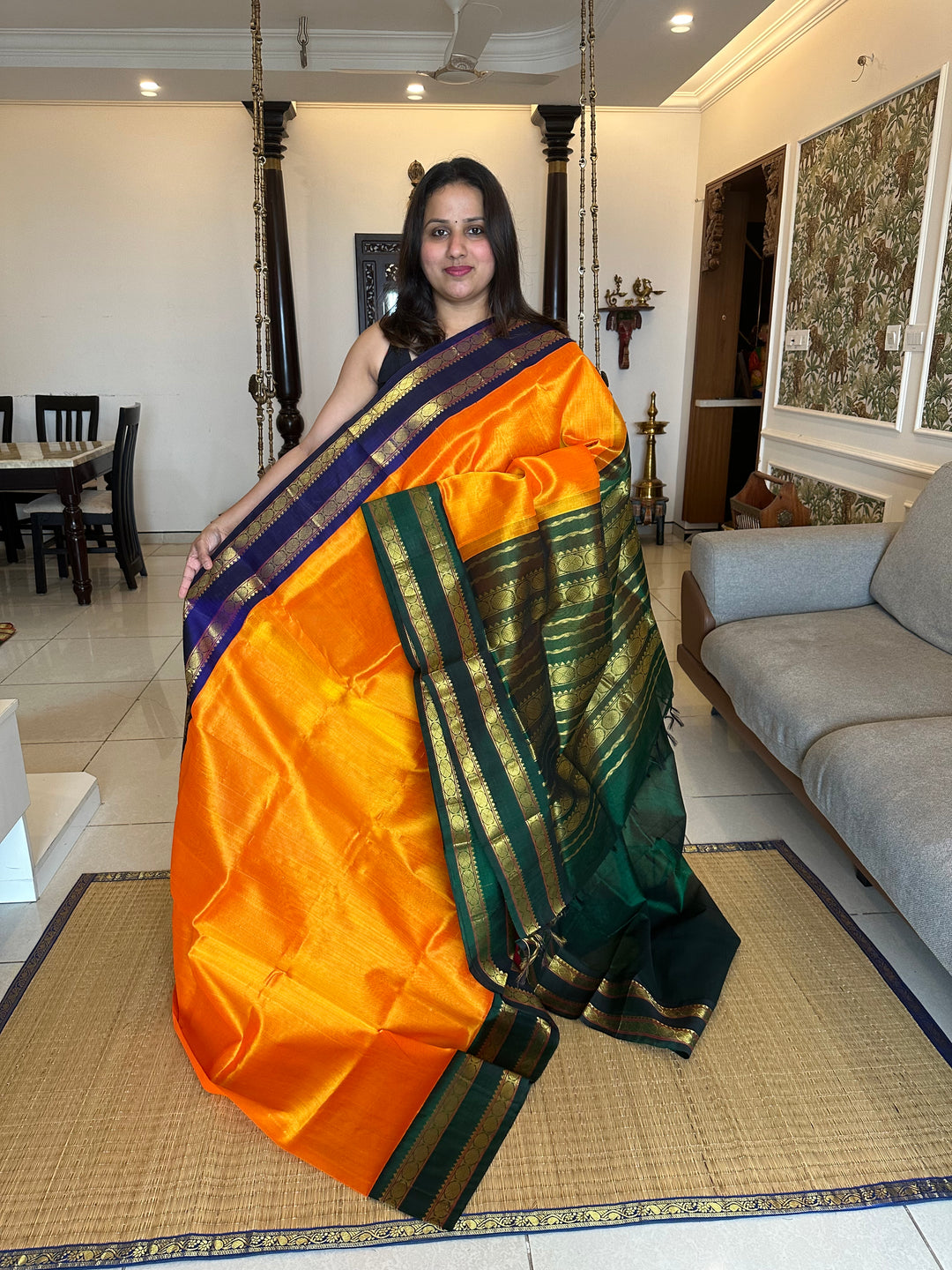 Mambazha Manjal Rettapet Ganga Jamuna Border Green and Blue, Rich Pallu Korvai Silk Cotton Saree