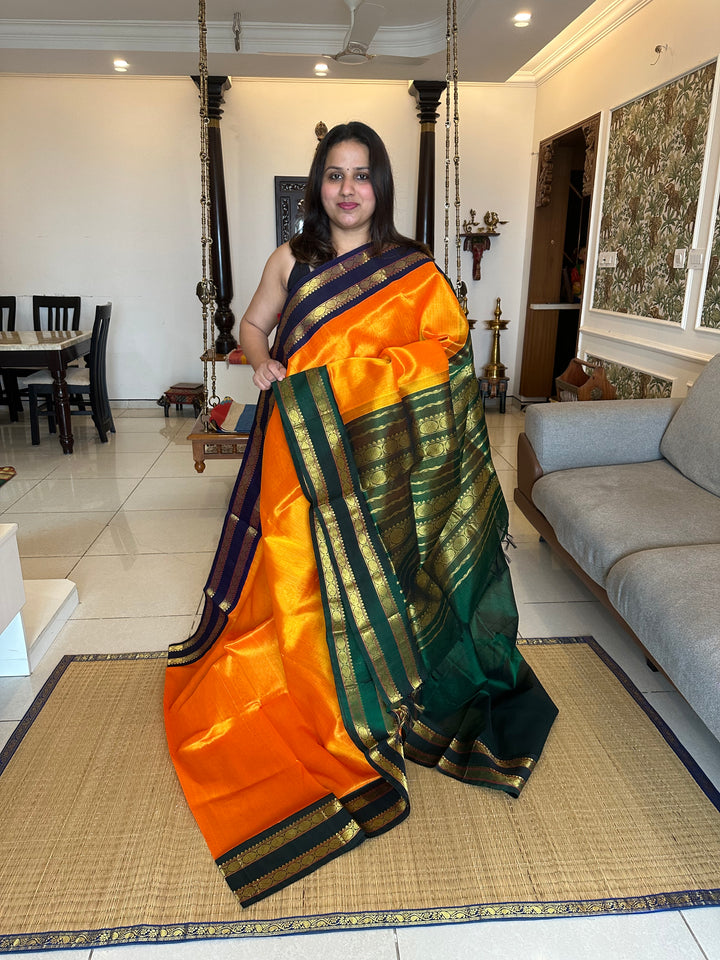 Mambazha Manjal Rettapet Ganga Jamuna Border Green and Blue, Rich Pallu Korvai Silk Cotton Saree