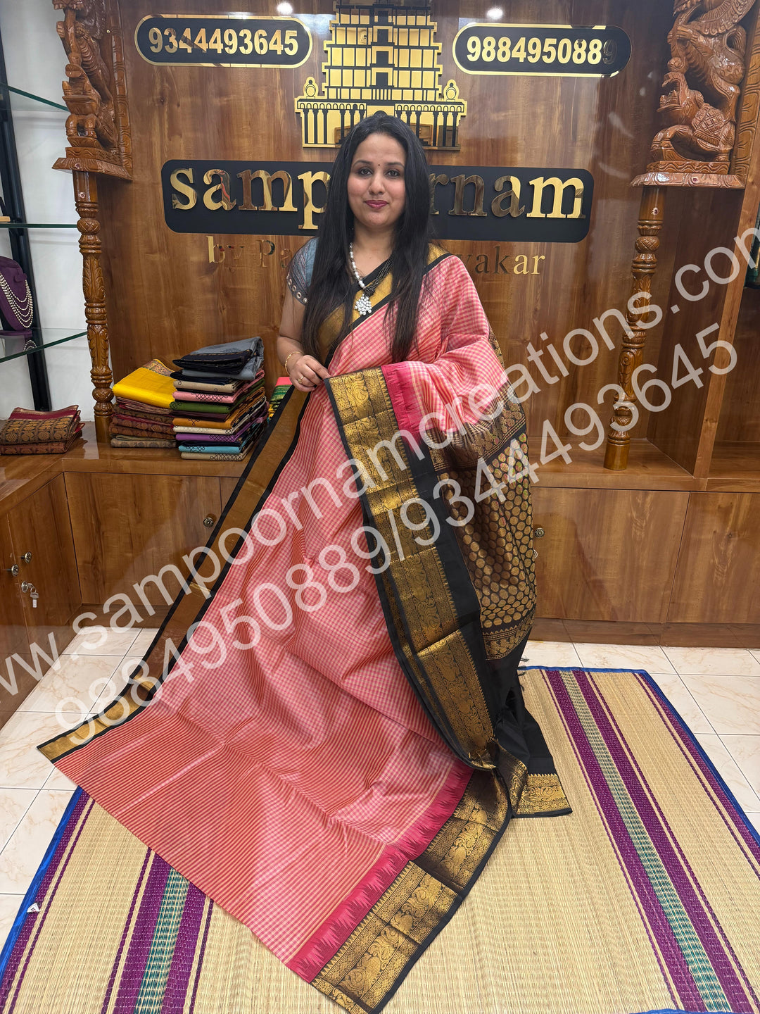 Pink , White with Black , Rich Pallum Pazham Checks with Traditional one side long  border ,  rich Pallu Pure Korvai Silk Cotton Saree