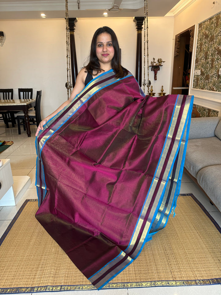 Dark Maroon with Blue Rettapet Border Vairaoosi Silk Cotton Saree