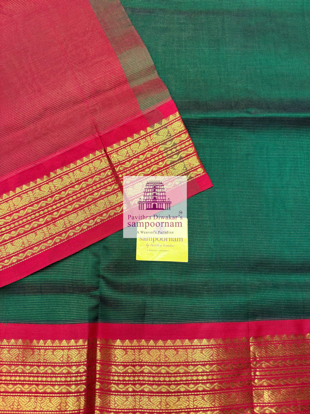 Forest Green with Red , Vairaoosi Zari lines in the body and traditional border  , Rich Pallu Korvai Silk Cotton Saree