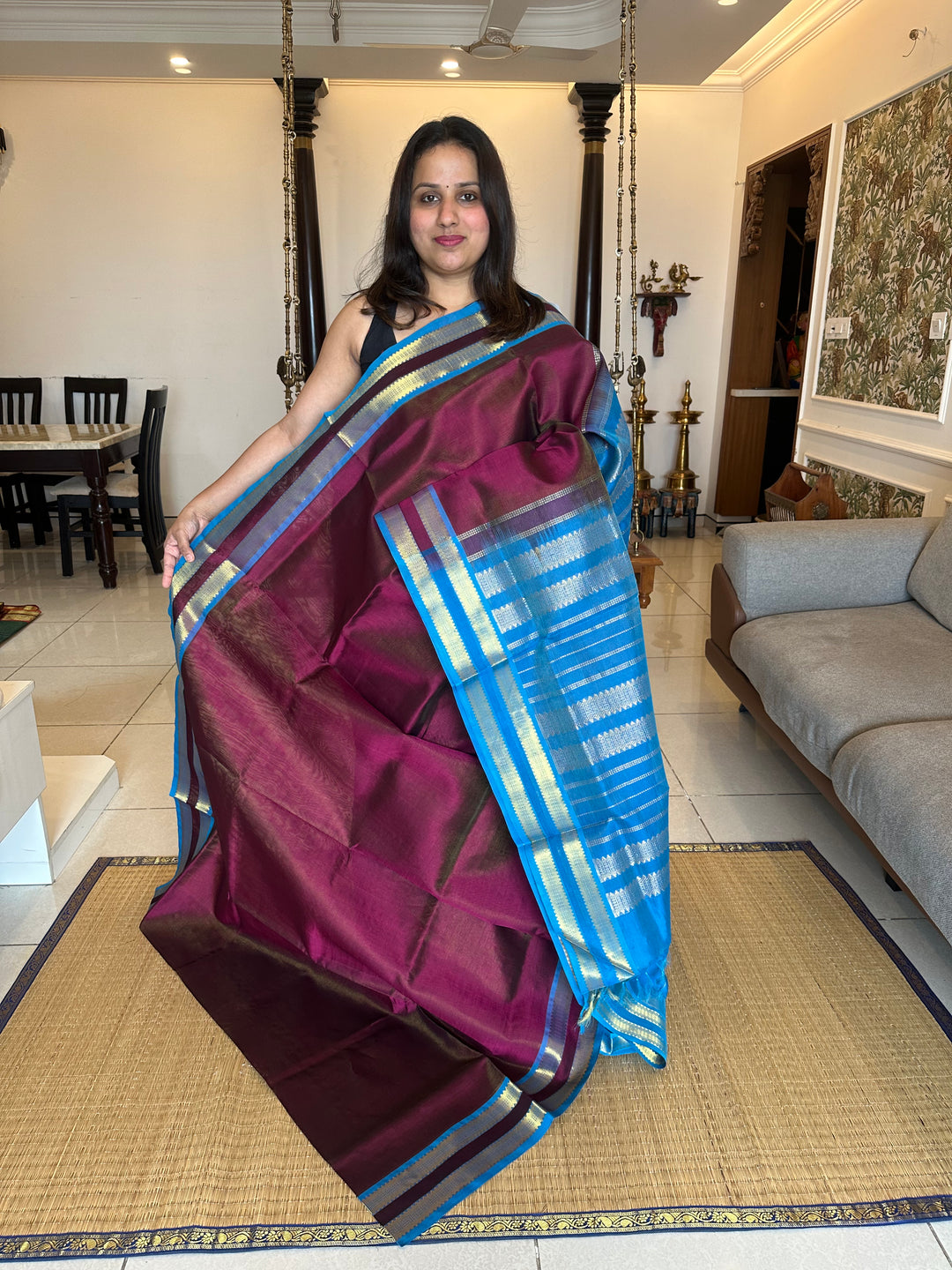 Dark Maroon with Blue Rettapet Border Vairaoosi Silk Cotton Saree