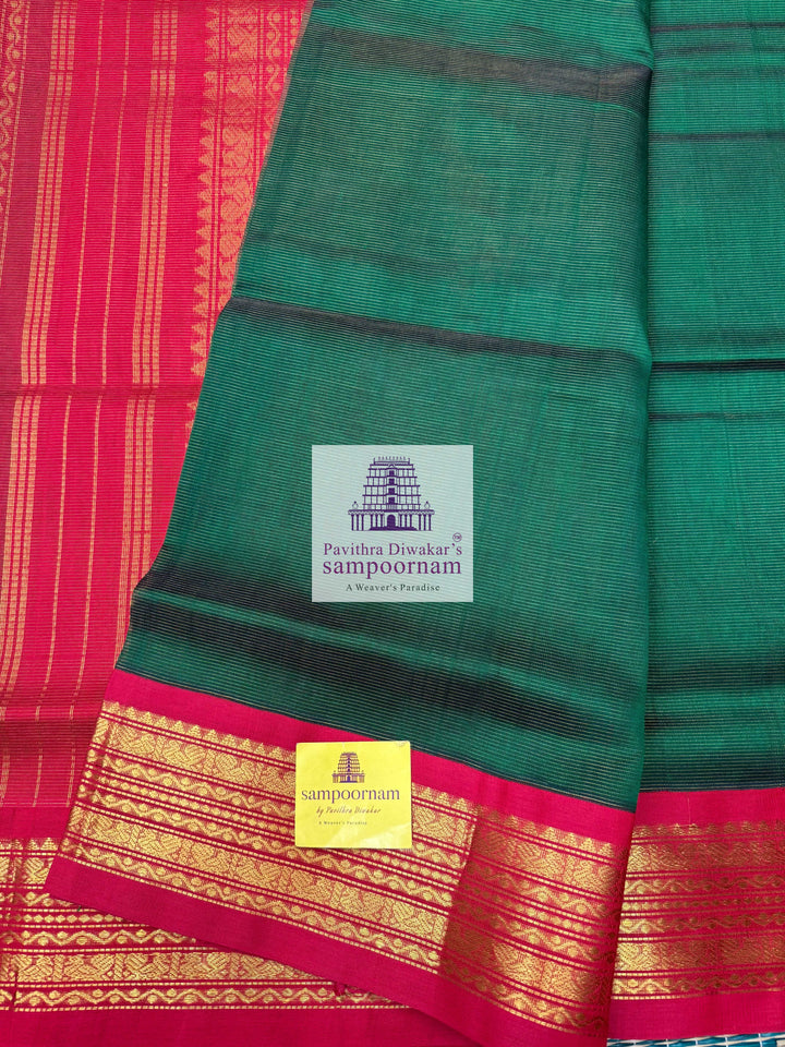 Forest Green with Red , Vairaoosi Zari lines in the body and traditional border  , Rich Pallu Korvai Silk Cotton Saree