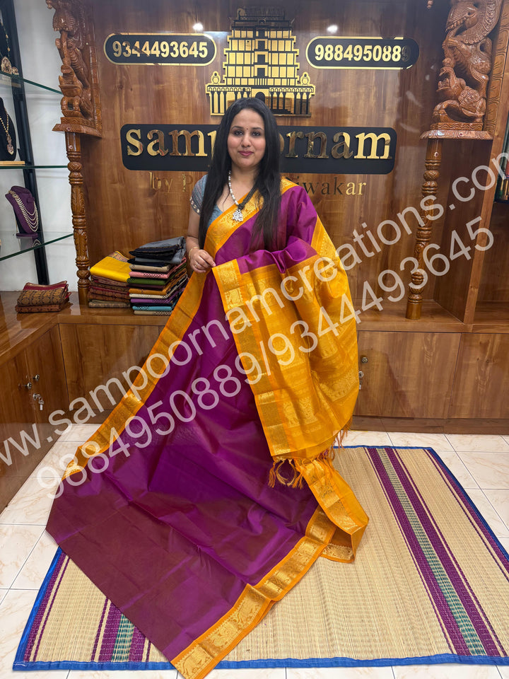 Vadamalli with Mustard , Rich Vairaoosi Zari lines in the body  and  rich Pallu Pure Korvai Silk Cotton Saree