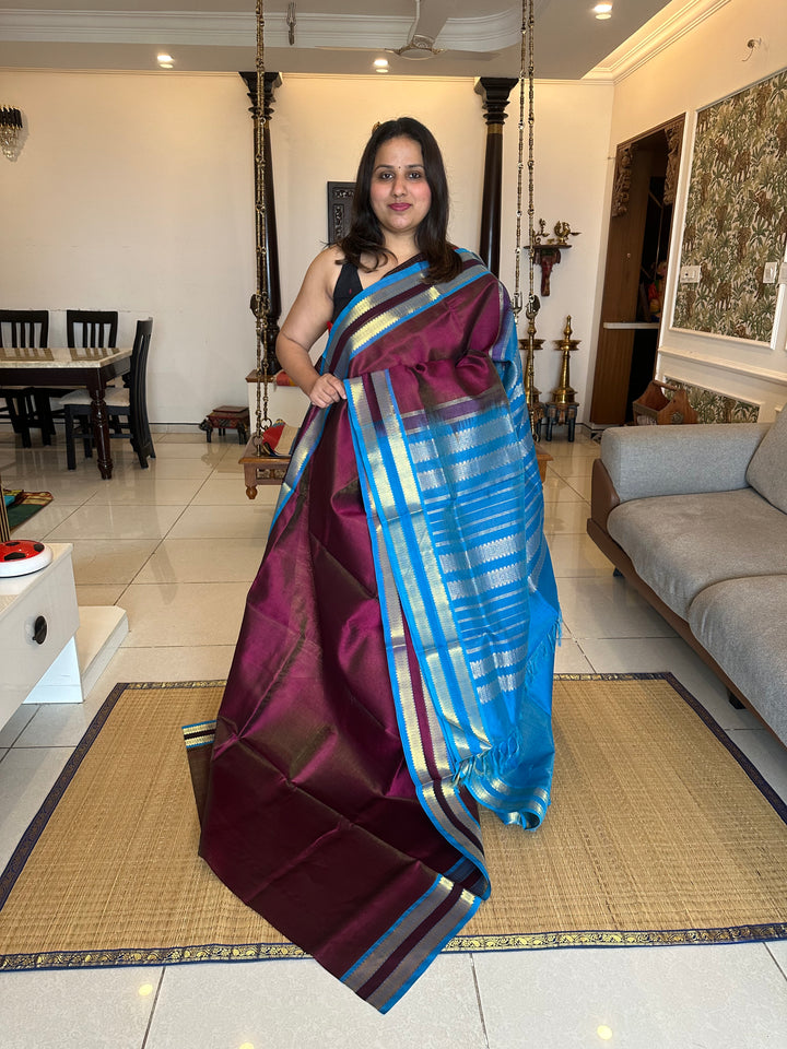 Dark Maroon with Blue Rettapet Border Vairaoosi Silk Cotton Saree