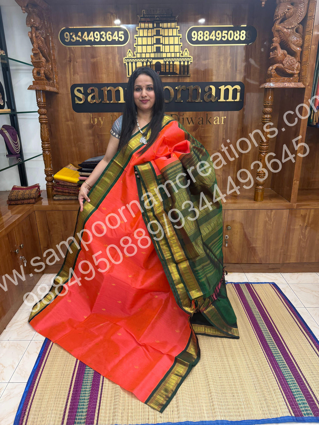 Peachish Pink with Green , Rich Mango Zari butta in the body and Traditional border , rich Pallu Pure Korvai Silk Cotton Saree