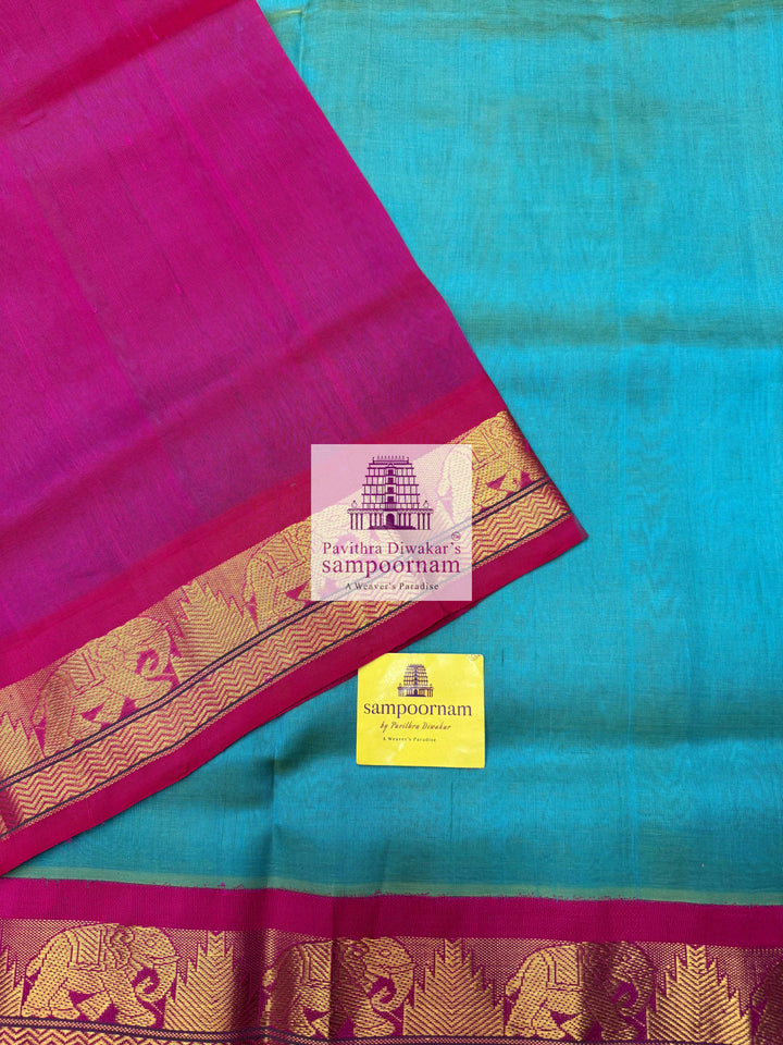 Double Shaded Ramar Green with Rani Pink , Traditional border and Rich Pallu Korvai Silk Cotton Saree