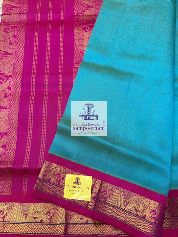 Double Shaded Ramar Green with Rani Pink , Traditional border and Rich Pallu Korvai Silk Cotton Saree