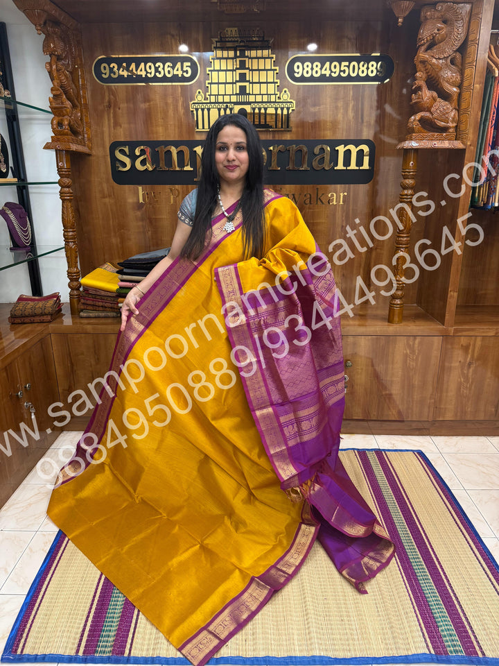 Mustard with Deep Magenta , traditional border and  rich Pallu Pure Korvai Silk Cotton Saree