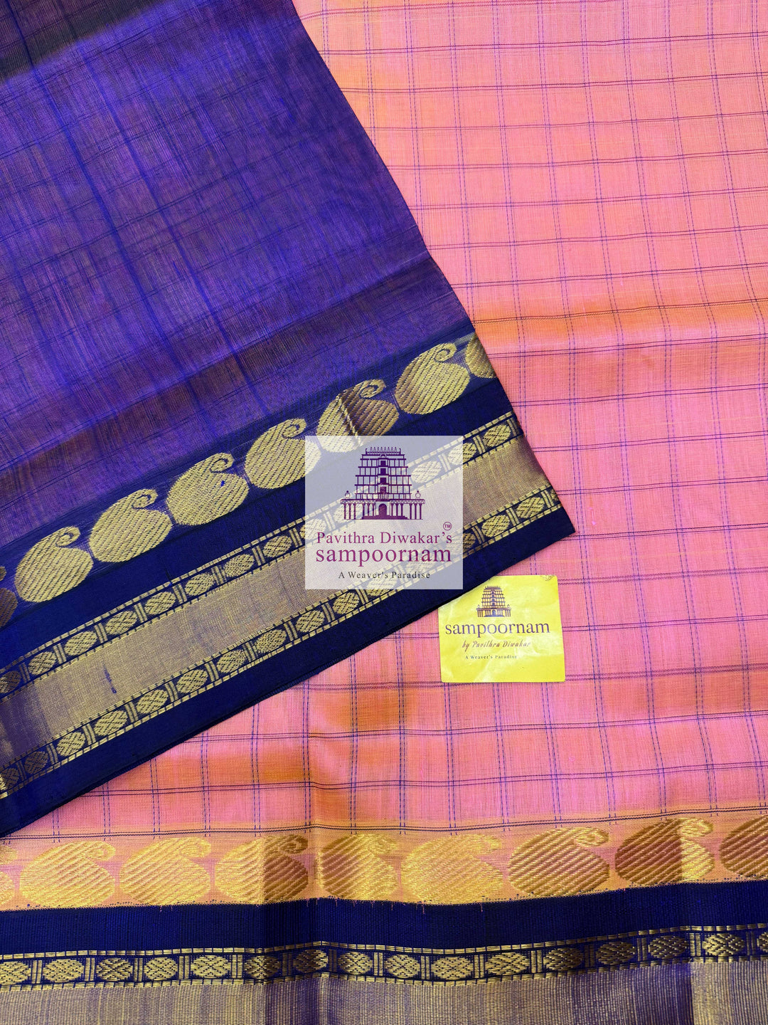Pastel Pink with Dark Blue , body checks , traditional borders and Grand Pallu Korvai Silk Cotton Saree
