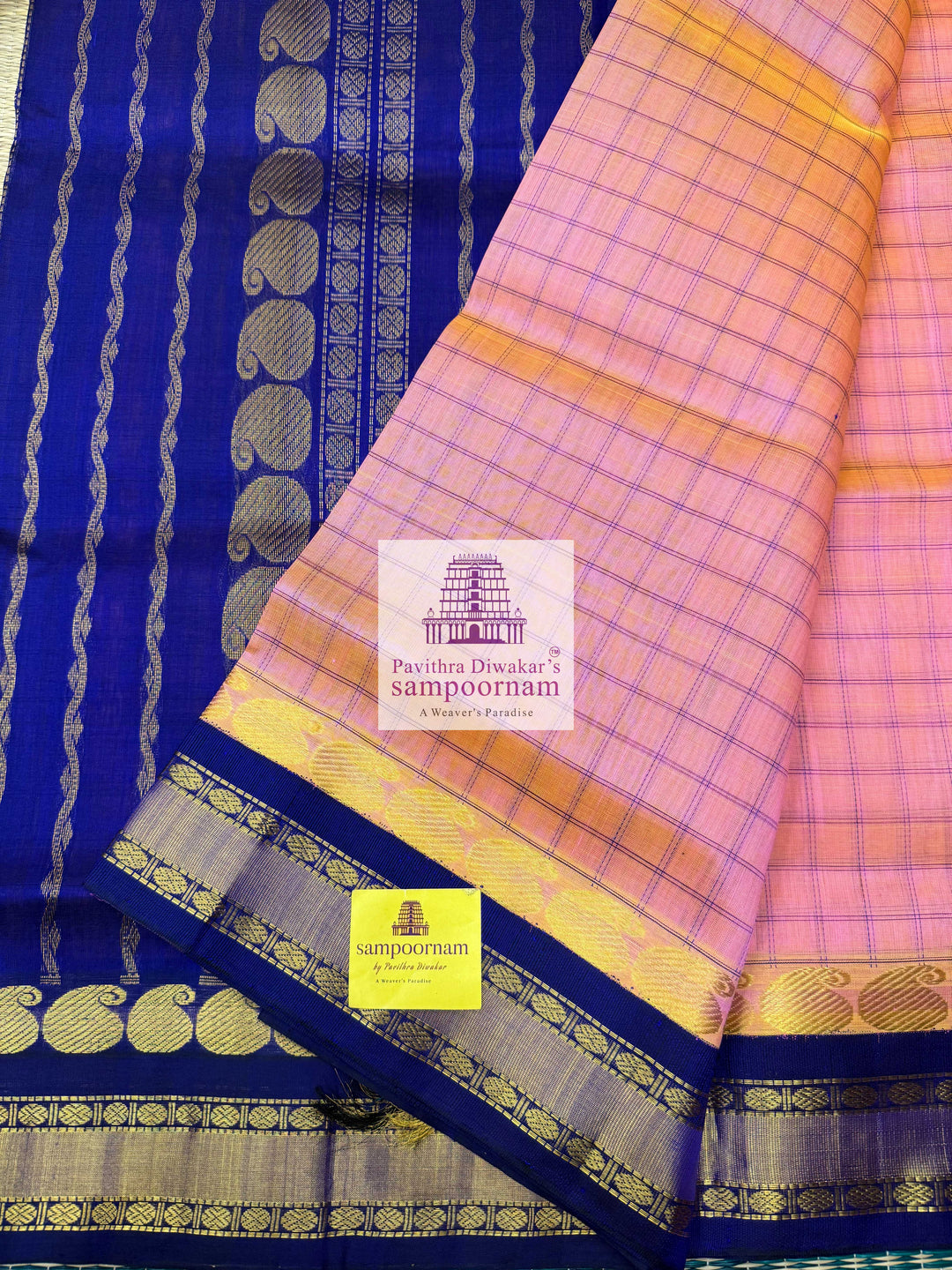 Pastel Pink with Dark Blue , body checks , traditional borders and Grand Pallu Korvai Silk Cotton Saree