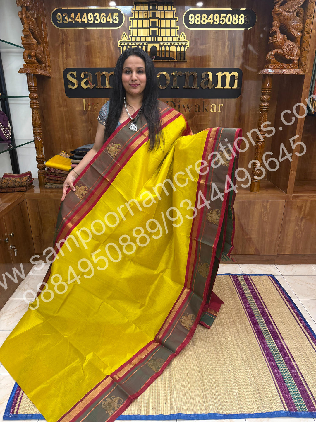 Lemon Yellow with Deep Red , Traditional Kanchi Border with Elephant Detailing , Rich elephant Procession Design Pallu Pure Korvai Silk Cotton Saree