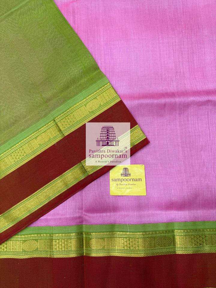 Baby Pink with Green , Rettapet border and Grand Pallu Korvai Silk Cotton Saree