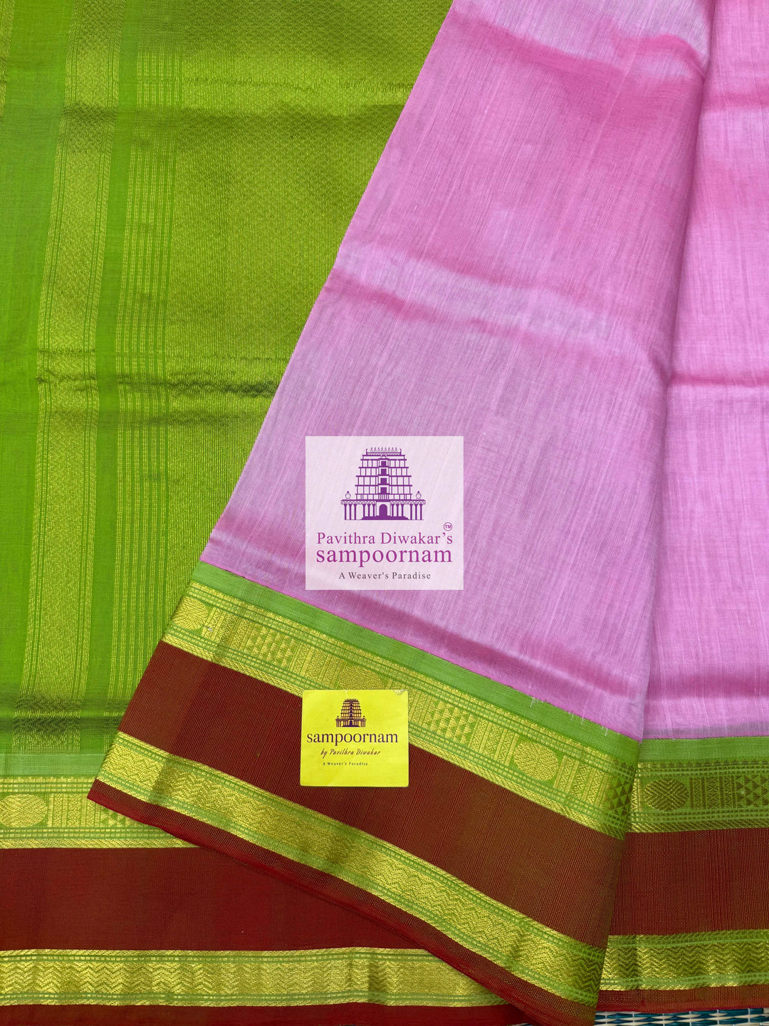 Baby Pink with Green , Rettapet border and Grand Pallu Korvai Silk Cotton Saree