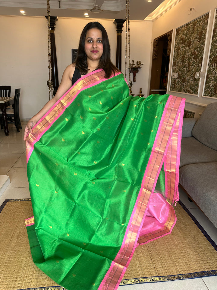 Light Green with Baby Pink RIch Body Butta and Grand Pallu Korvai SIlk Cotton Saree