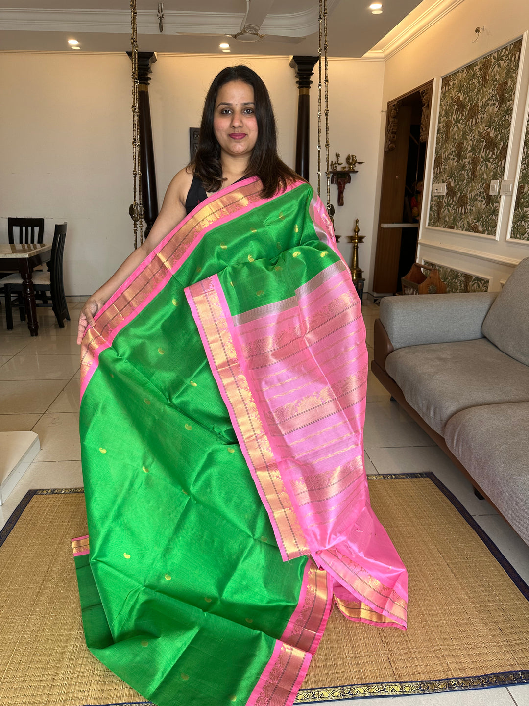 Light Green with Baby Pink RIch Body Butta and Grand Pallu Korvai SIlk Cotton Saree