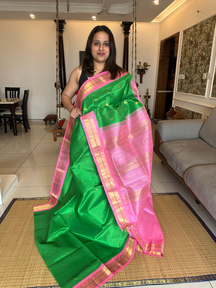 Light Green with Baby Pink RIch Body Butta and Grand Pallu Korvai SIlk Cotton Saree