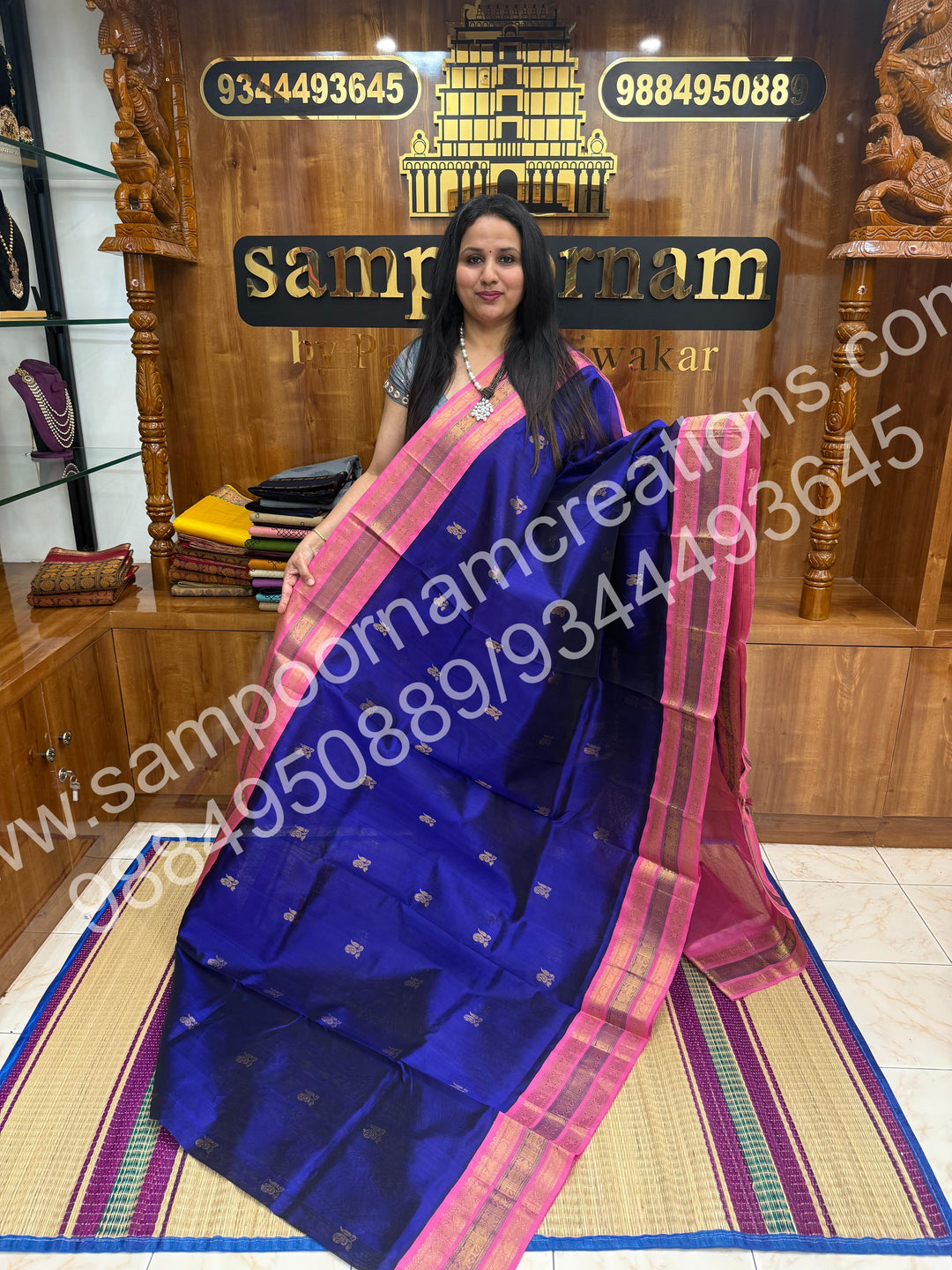 MS Blue with Pink , Rich Annam Zari butta in the body and  Traditional Kanchi Border ,  rich Pallu Pure Korvai Silk Cotton Saree
