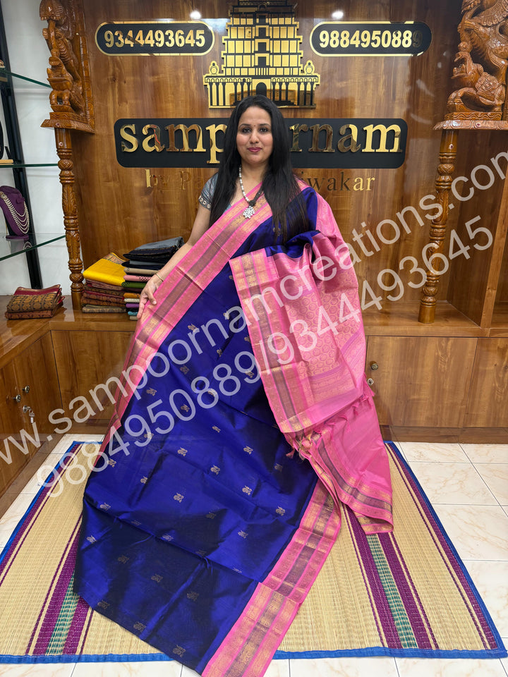 MS Blue with Pink , Rich Annam Zari butta in the body and  Traditional Kanchi Border ,  rich Pallu Pure Korvai Silk Cotton Saree