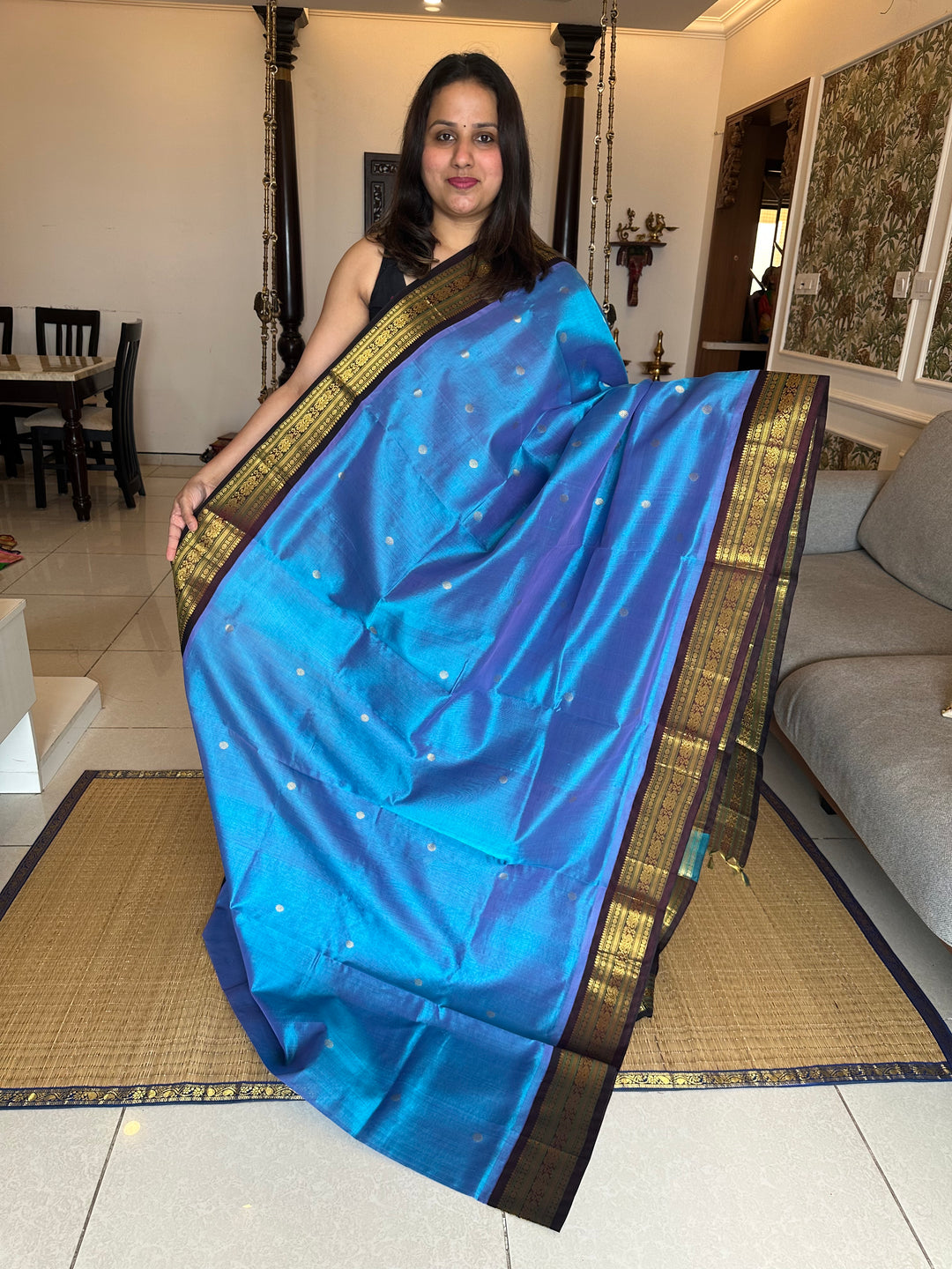 Blue with Brown Body Zari Butta with Rich Pallu Korvai Silk Cotton Saree