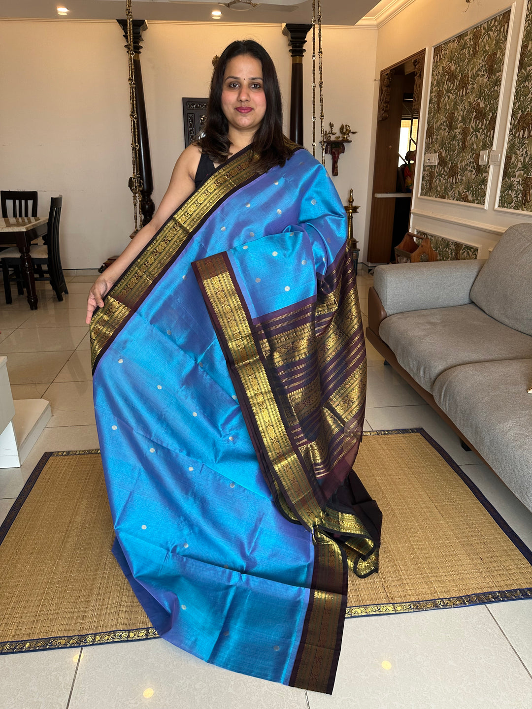 Blue with Brown Body Zari Butta with Rich Pallu Korvai Silk Cotton Saree