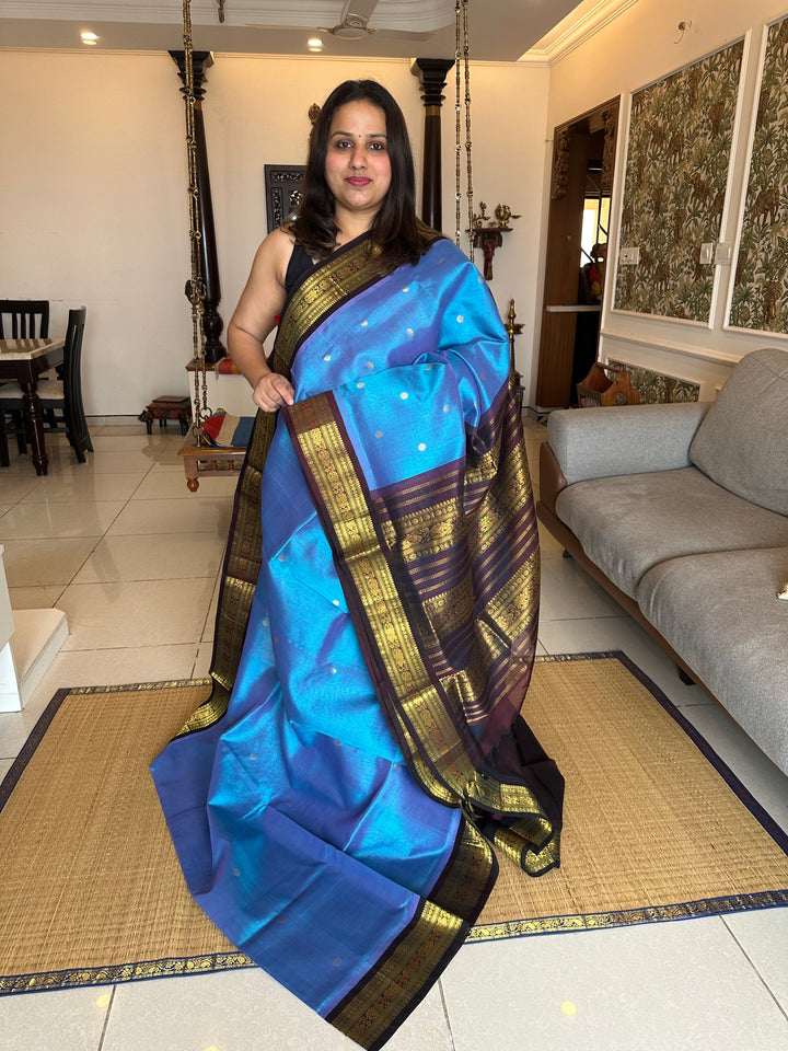 Blue with Brown Body Zari Butta with Rich Pallu Korvai Silk Cotton Saree