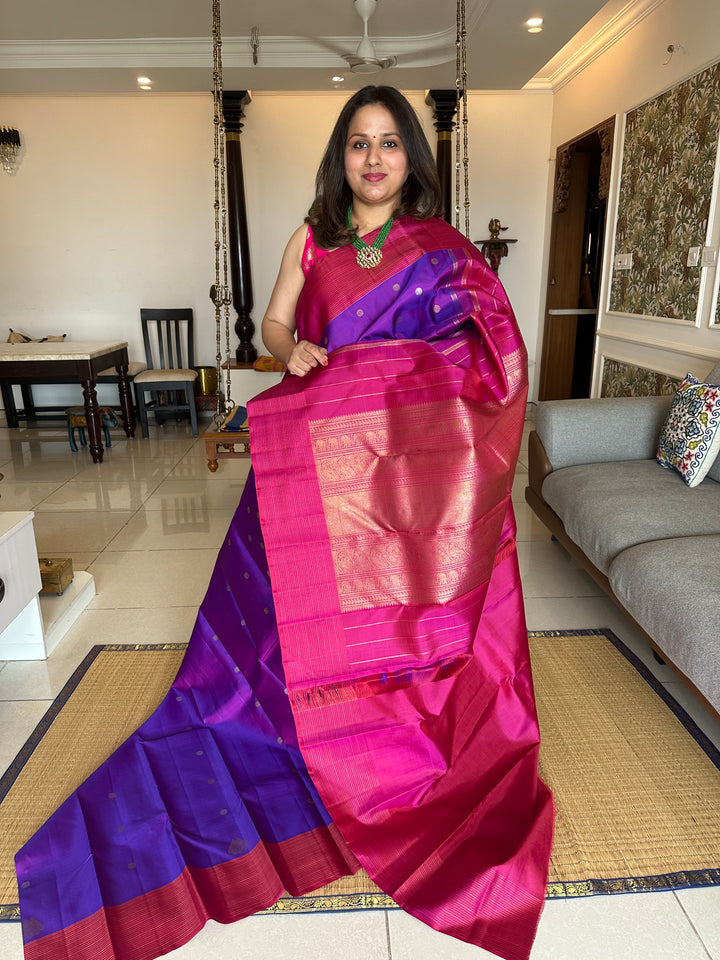 Purple with Maroon Vairaoosi Border , Silver and Gold Body Butta, Retta kili Butta , Rich Pallu - Kanjivaram Pure SIlk Saree