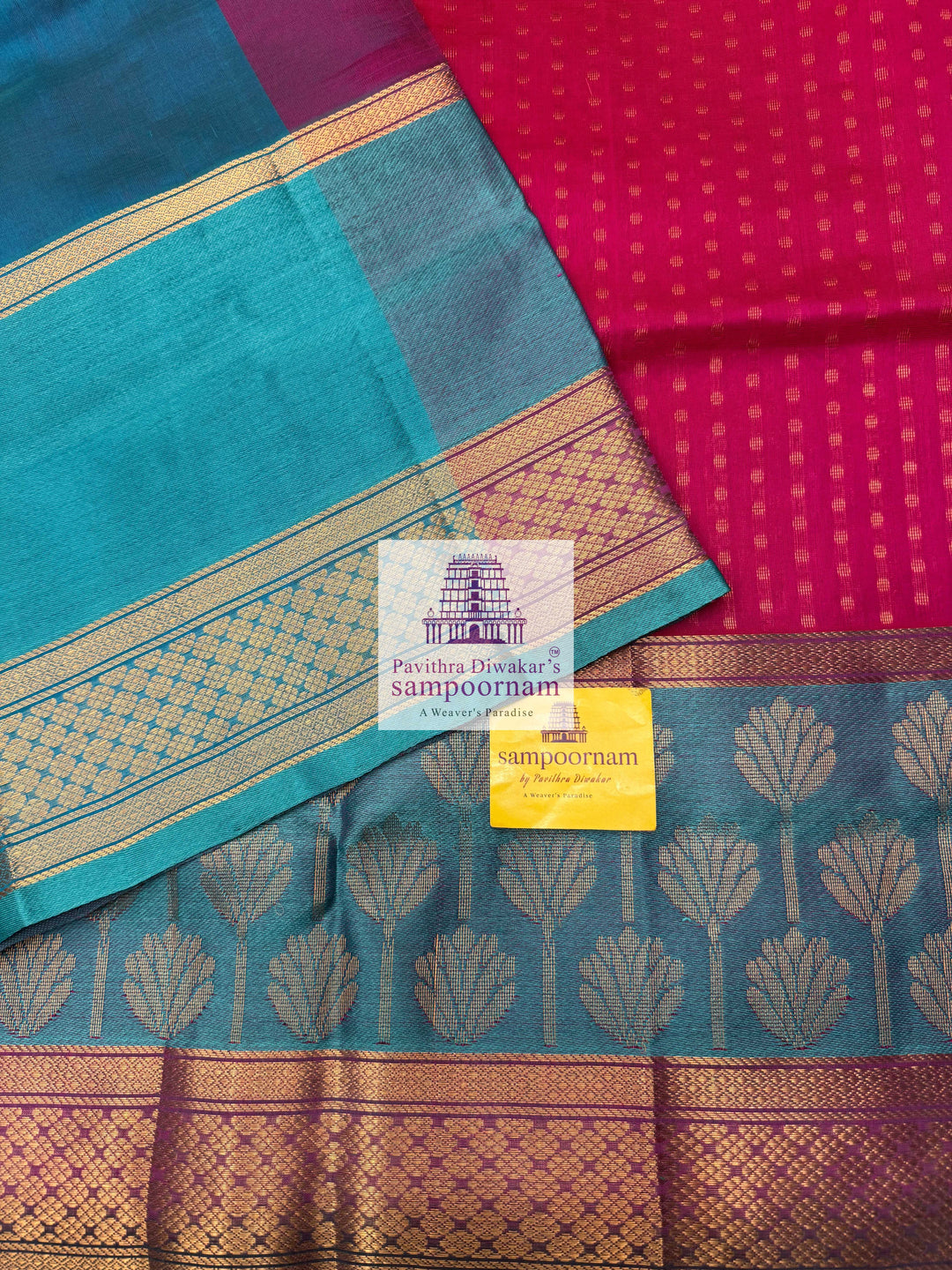 Rani Pink with Turquoise Blue , Zari butta in the body , one side big Satin border with Floral motif , traditional border and  Grand Pallu Korvai Silk Cotton Saree