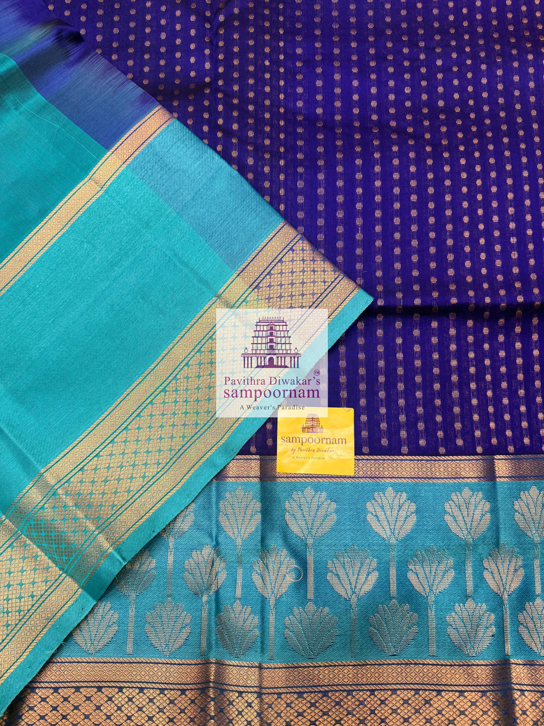 MS Blue with Turquoise Blue , Zari butta in the body , one side big Satin border with Floral motif , traditional border and  Grand Pallu Korvai Silk Cotton Saree