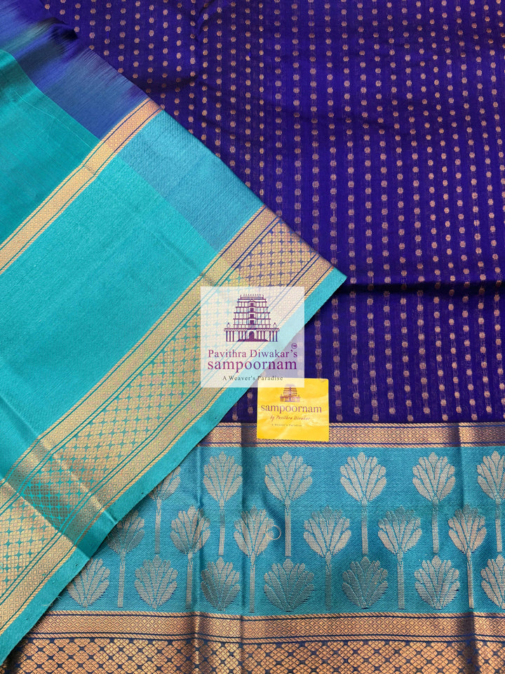 MS Blue with Turquoise Blue , Zari butta in the body , one side big Satin border with Floral motif , traditional border and  Grand Pallu Korvai Silk Cotton Saree