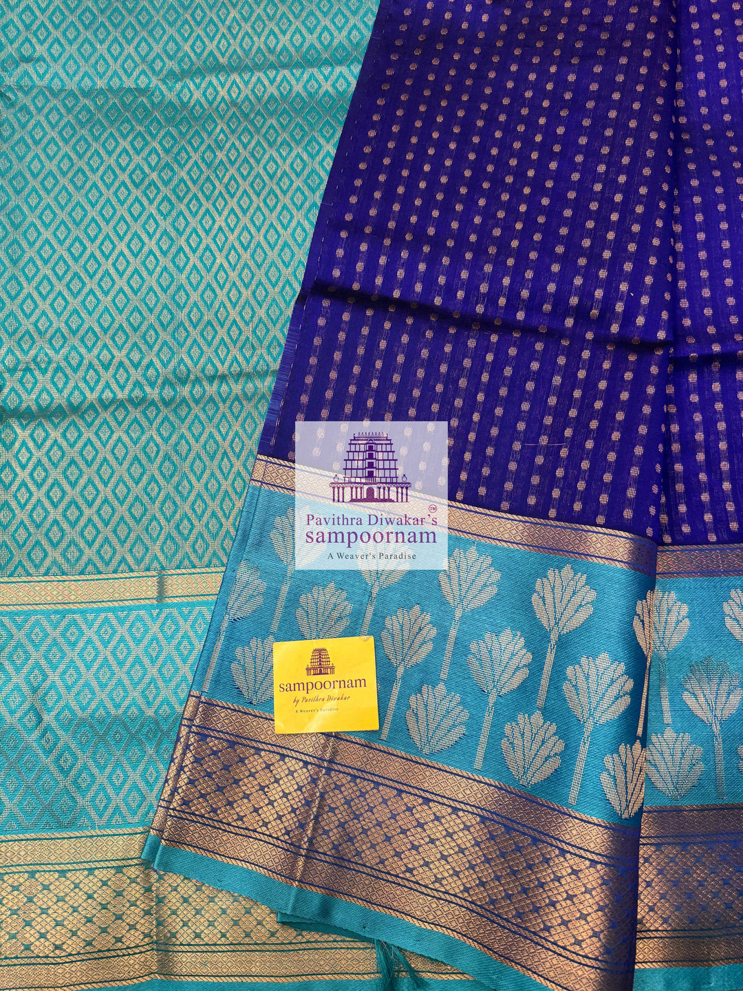 MS Blue with Turquoise Blue , Zari butta in the body , one side big Satin border with Floral motif , traditional border and  Grand Pallu Korvai Silk Cotton Saree