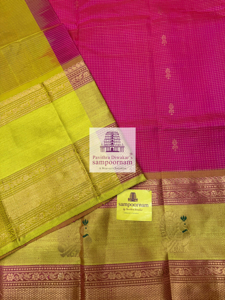 Pink with Lemon Yellow , Zari floral butta in the body , one side big Satin border with Annam motif , traditional border and  Grand Pallu Korvai Silk Cotton Saree