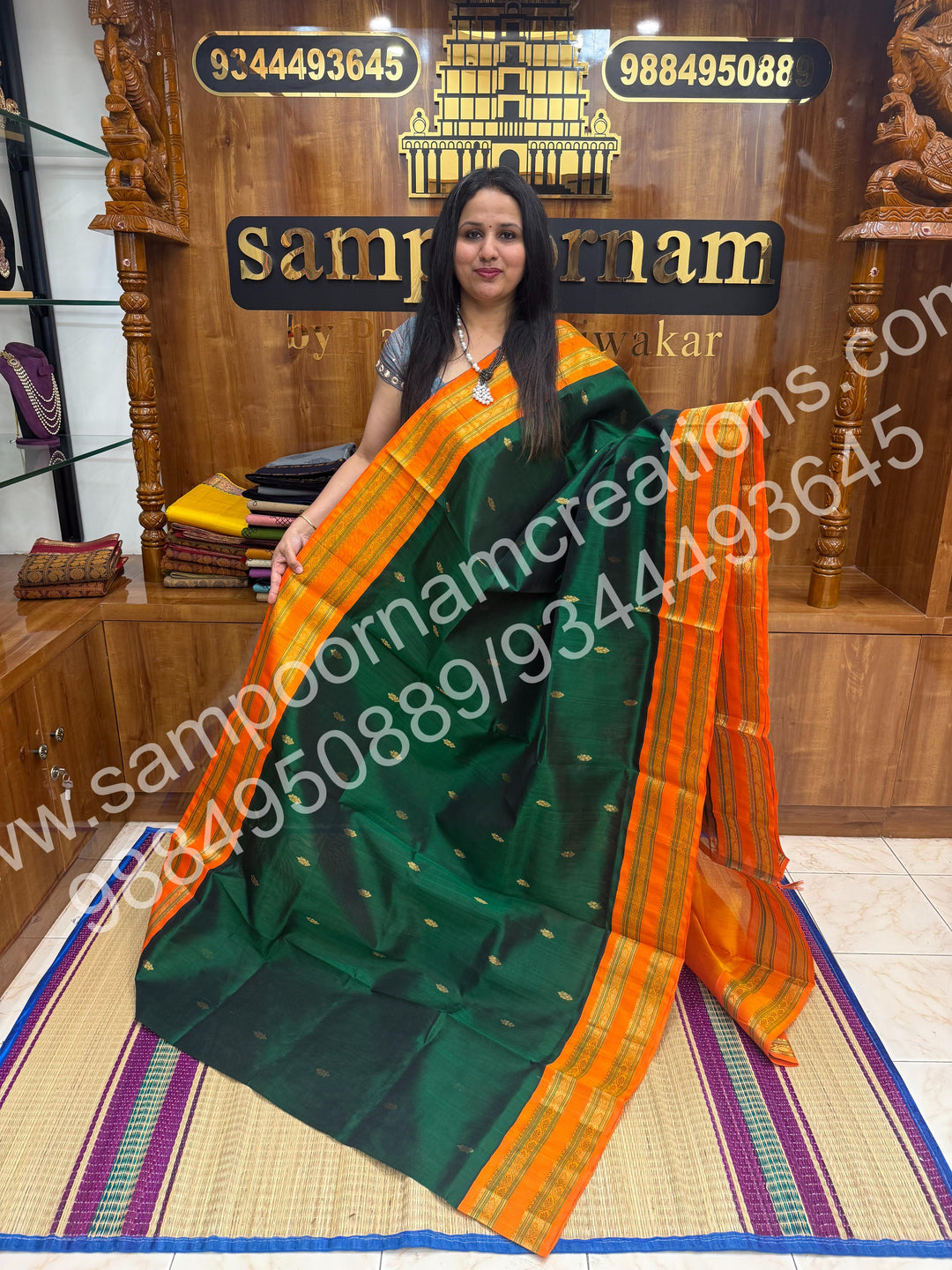 Green with Manjal , Rich Floral Zari butta in the body and  Traditional Long Border , rich Pallu Pure Korvai Silk Cotton Saree