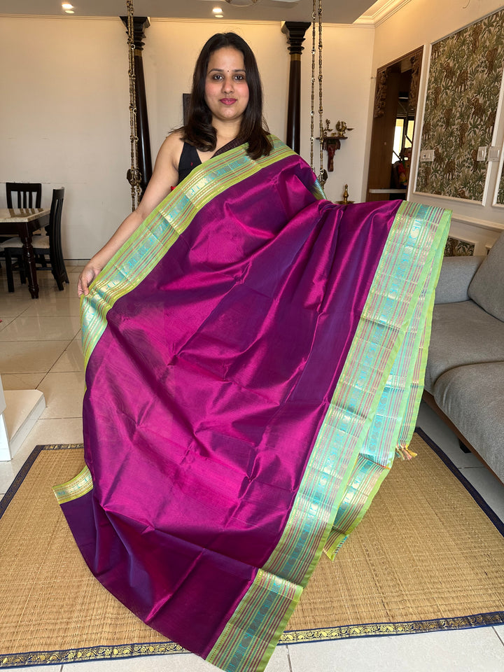 Purple with Greyish Blue One side Big Kanchi Border Korvai Silk Cotton Saree