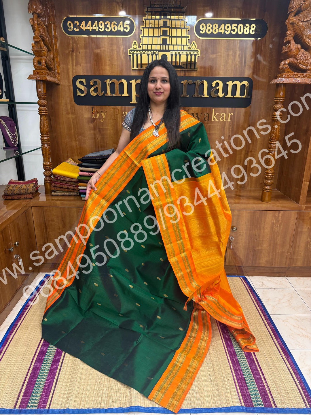 Green with Manjal , Rich Floral Zari butta in the body and  Traditional Long Border , rich Pallu Pure Korvai Silk Cotton Saree