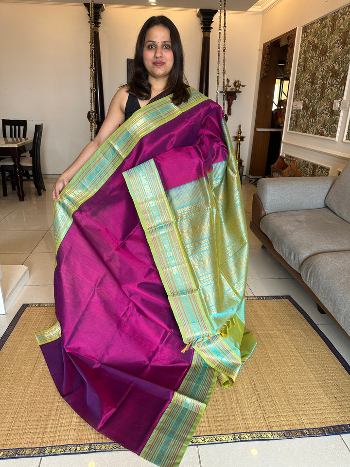 Purple with Greyish Blue One side Big Kanchi Border Korvai Silk Cotton Saree