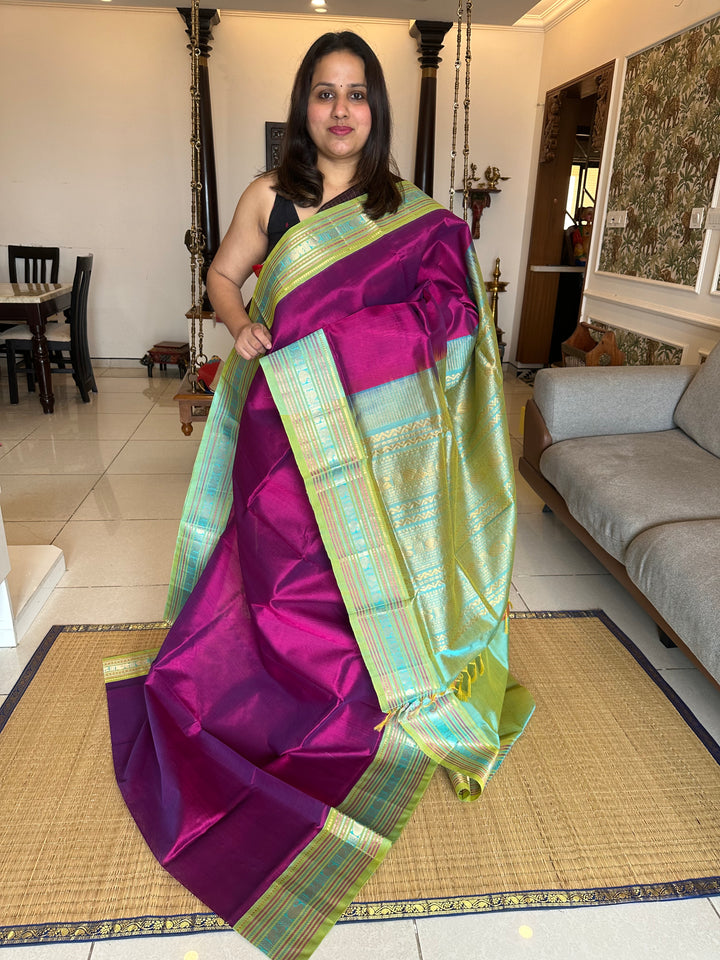 Purple with Greyish Blue One side Big Kanchi Border Korvai Silk Cotton Saree