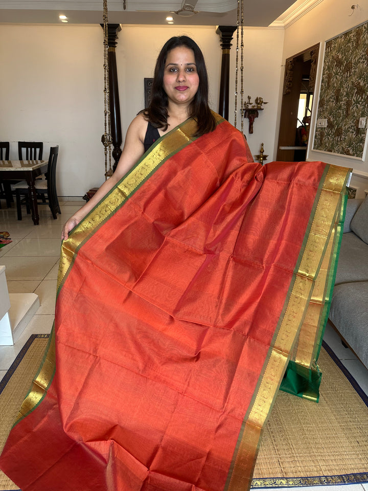 Brick Orange with Green Vairaoosi Silk Cotton Saree