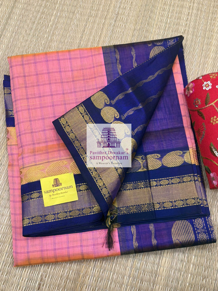Pastel Pink with Dark Blue , body checks , traditional borders and Grand Pallu Korvai Silk Cotton Saree