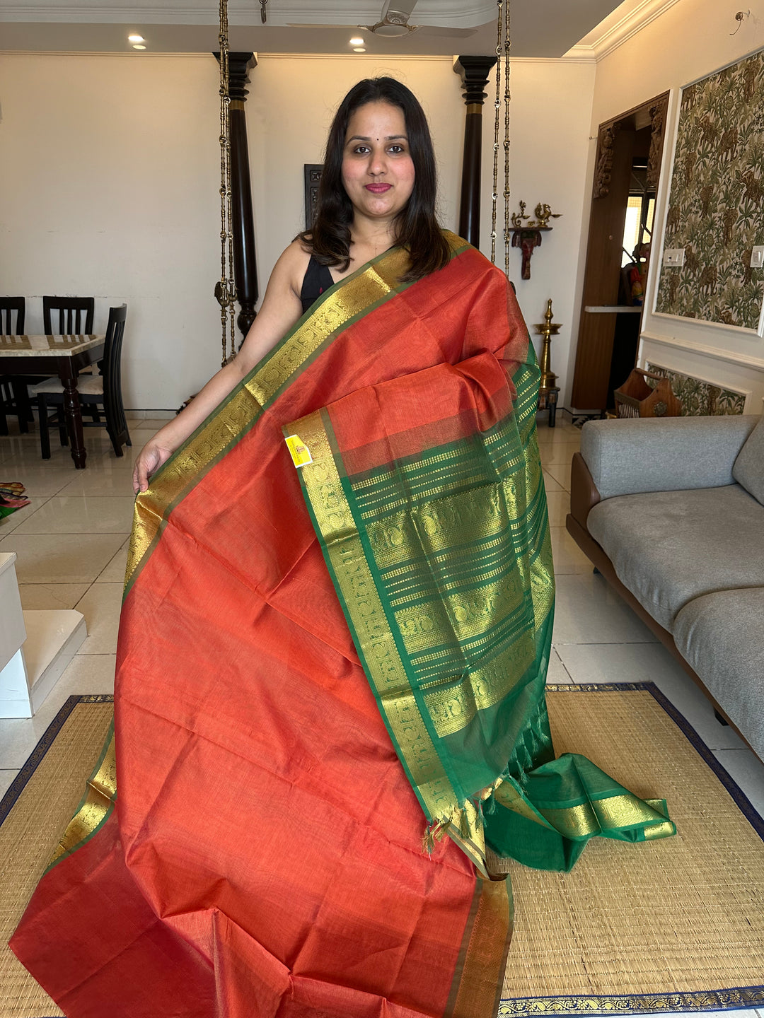 Brick Orange with Green Vairaoosi Silk Cotton Saree