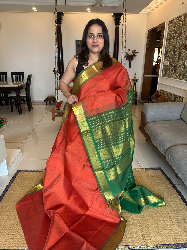 Brick Orange with Green Vairaoosi Silk Cotton Saree