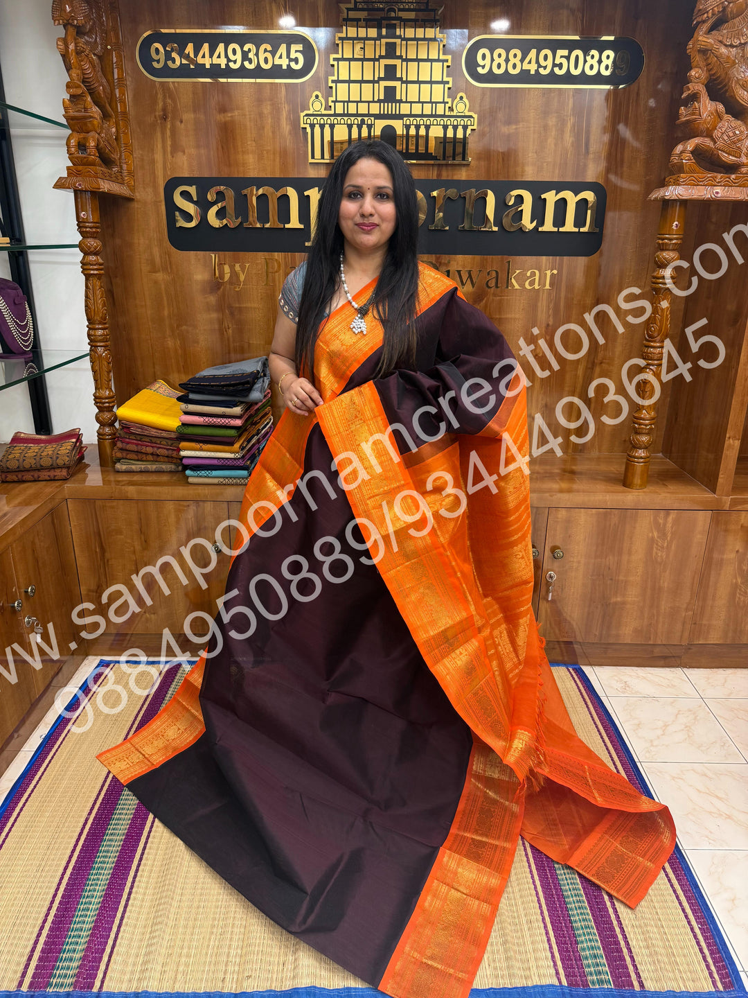 Coffee Brown with Orange , Traditional Long Border and  rich Pallu Pure Korvai Silk Cotton Saree