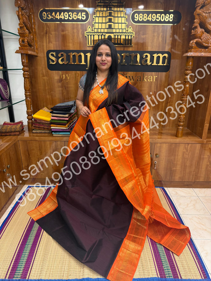 Coffee Brown with Orange , Traditional Long Border and  rich Pallu Pure Korvai Silk Cotton Saree