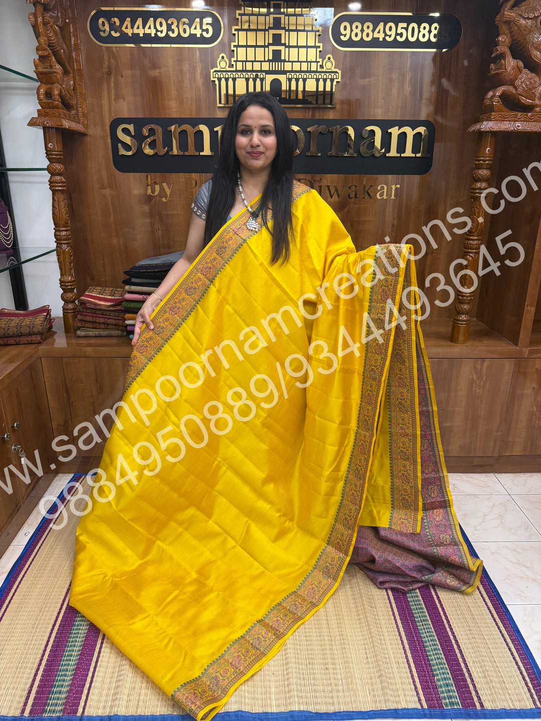 Yellow with Floral Meenakshi Thread work in border and elaborate Meenakshi Floral designar Pallu and Blouse , Semi Tussar Saree